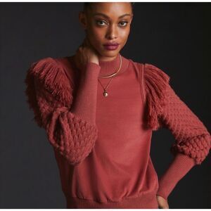 NWT Anthropologie DOLAN Fringed Sweater Bubble Quilted Sleeve Cocoa Women's XS